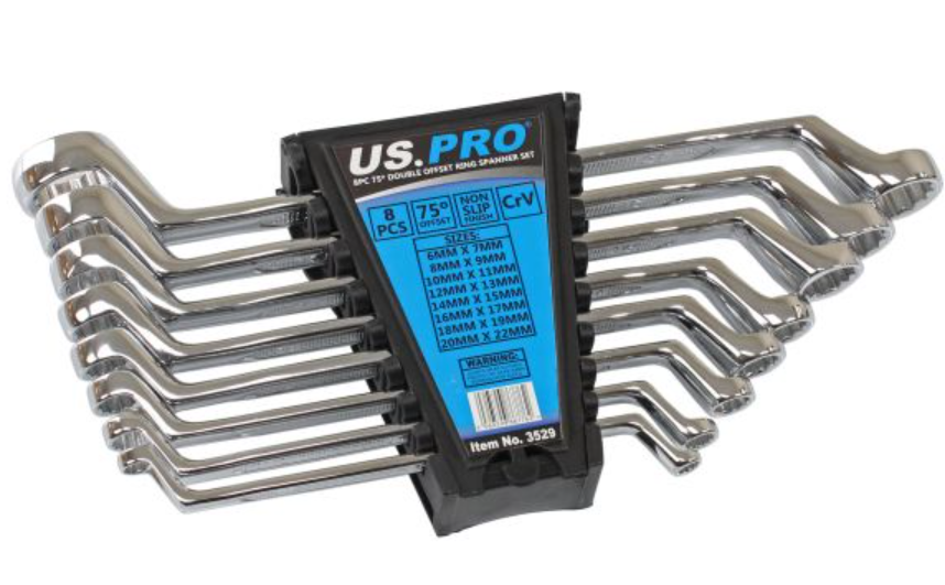 US PRO 8 Piece Double Offset Ring Spanner Set 6 - 22mm | 75 Degree Offset | Non-slip Finish