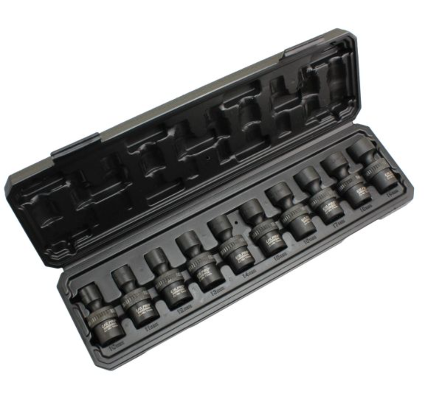US PRO 10 Piece 3/8" Drive Metric Swivel Impact Shallow Sockets | 10mm - 19mm | Spring-loaded Ball & Pin Design