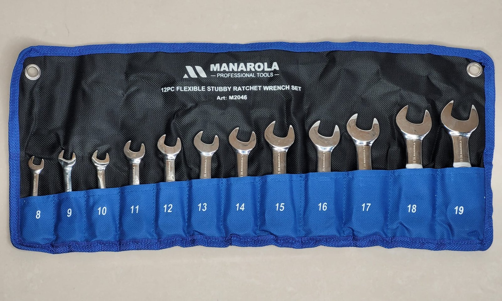 12 Piece Stubby Flexi Ratchet Combination Spanner Set Metric 8-19mm