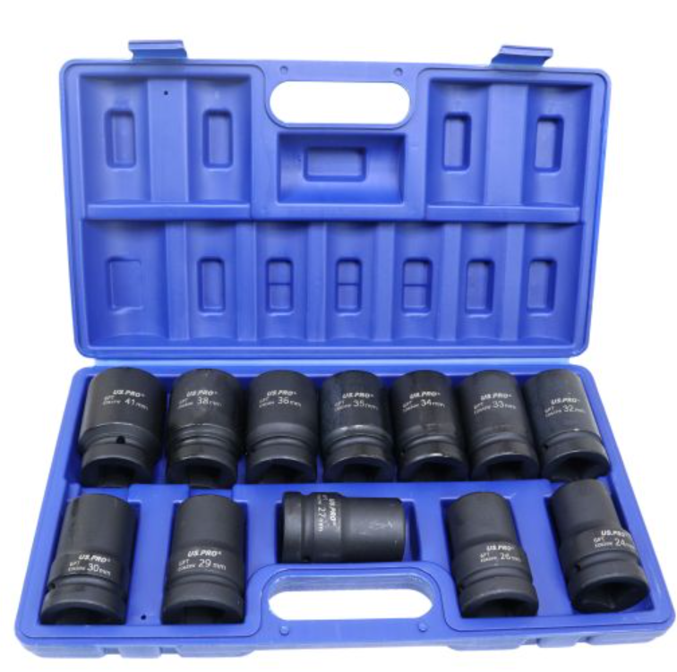 US PRO 12 Piece 1" Drive 6 Point 80mm Long Metric Deep Impact Sockets | 24mm - 41mm