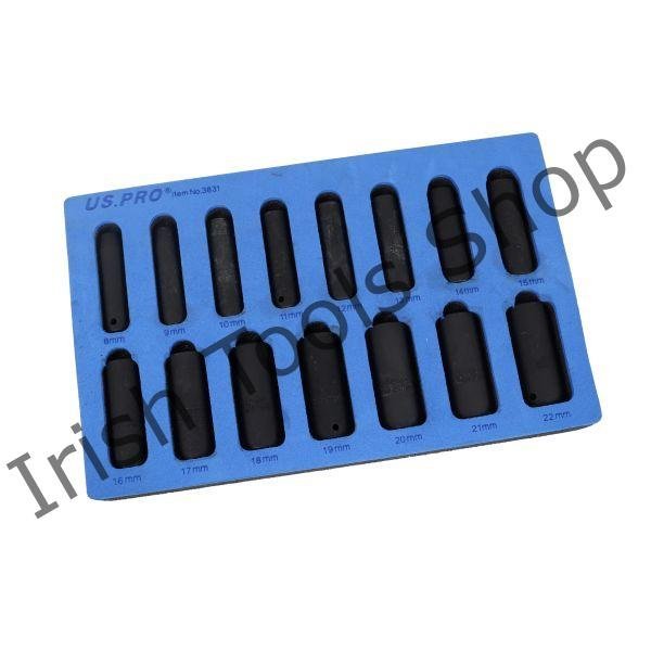 15Pc 3/8" Drive 6 Point Deep Metric Impact Socket Set 8 - 22mm