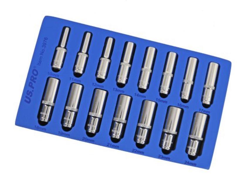 US PRO 15 Piece 1/2" Drive 6 Point Deep Socket Set | 10-24mm | In Eva Tray | Knurled For Grip