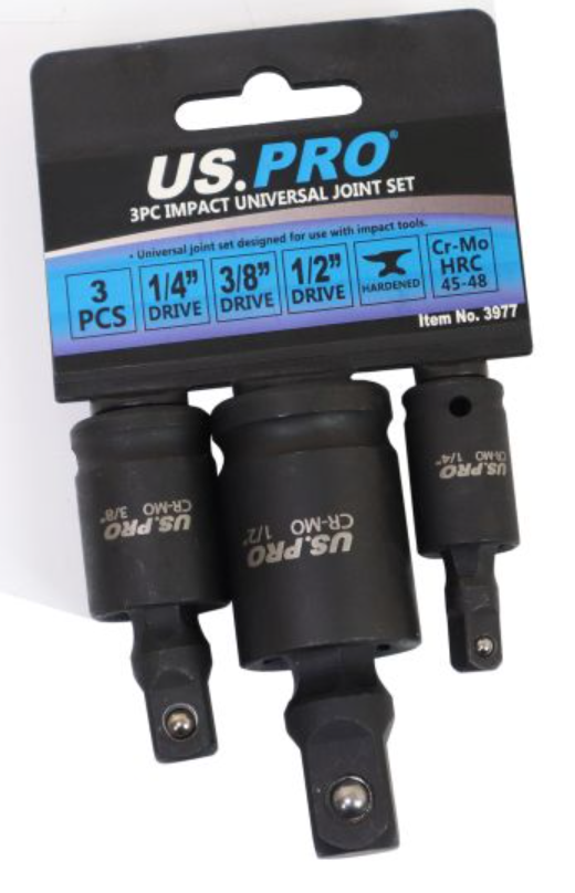 US PRO 3 Piece 1/4", 3/8" & 1/2" Drives Impact Universal Joint Set