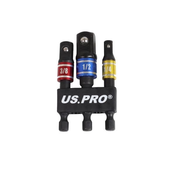 US PRO 3 Piece 1/4" Hex Shank to 1/4" Square Drive Impact Colour Coded Socket Adaptors
