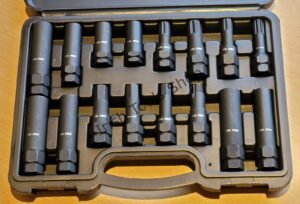16Pc Locking Wheel Nut Master Thin Wall Extra Long Hex, Star, Spline Socket Set